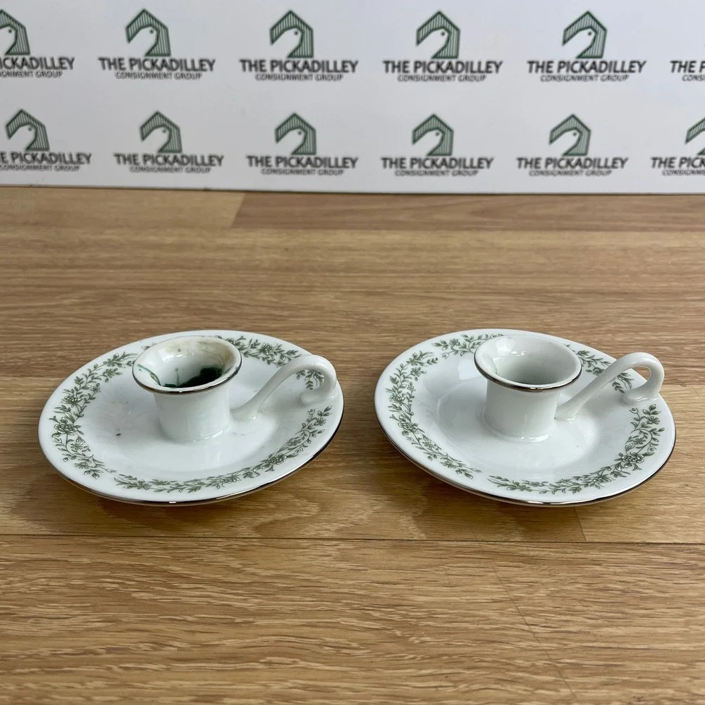 Mikasa G9059 Fine China Finger Loop Candle Holders Green Floral Japan Set of 2